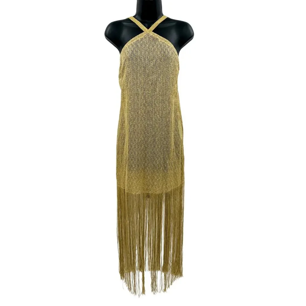 Luli Fama Dorada gold sheer fringe halter swim coverup